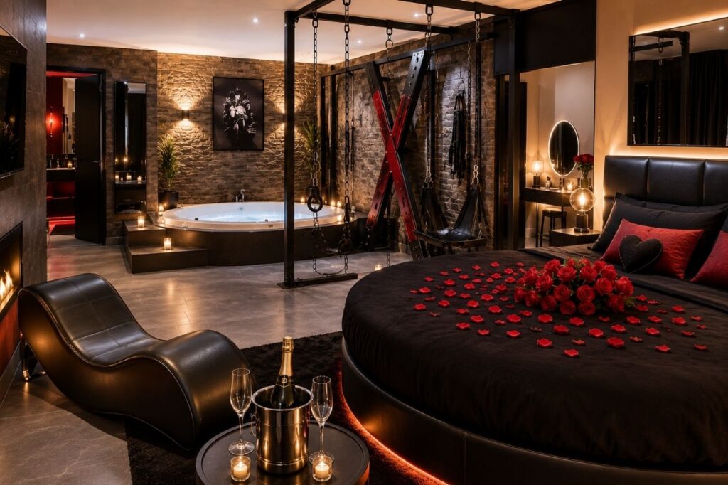 Love room BDSM avec croix de Saint-André, lit rond, jacuzzi privatif et ambiance romantique