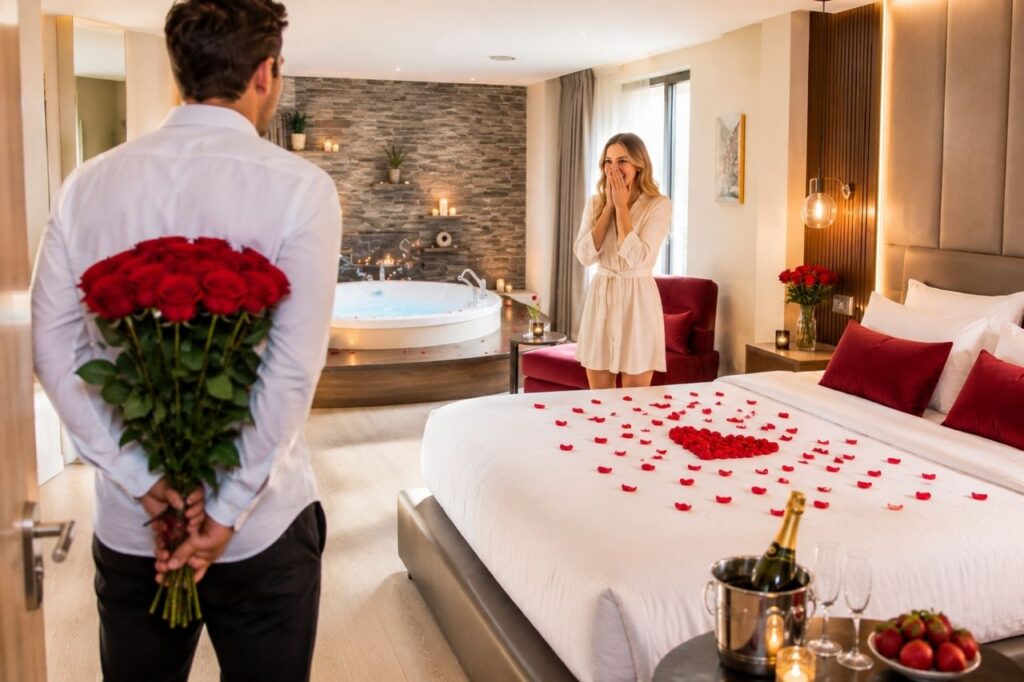 Surprise romantique dans une love room avec jacuzzi, pétales de rose et champagne